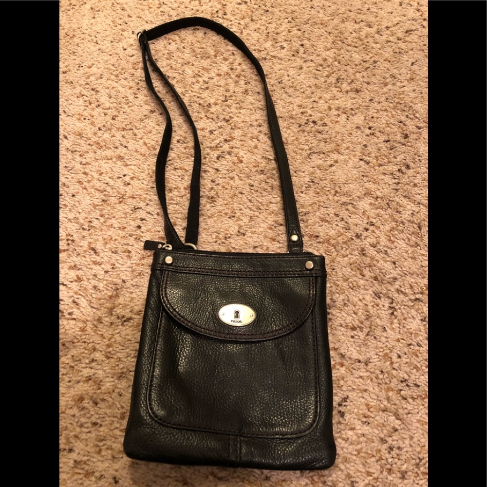 Fossil Black Leather Satchel/Cross Body Purse